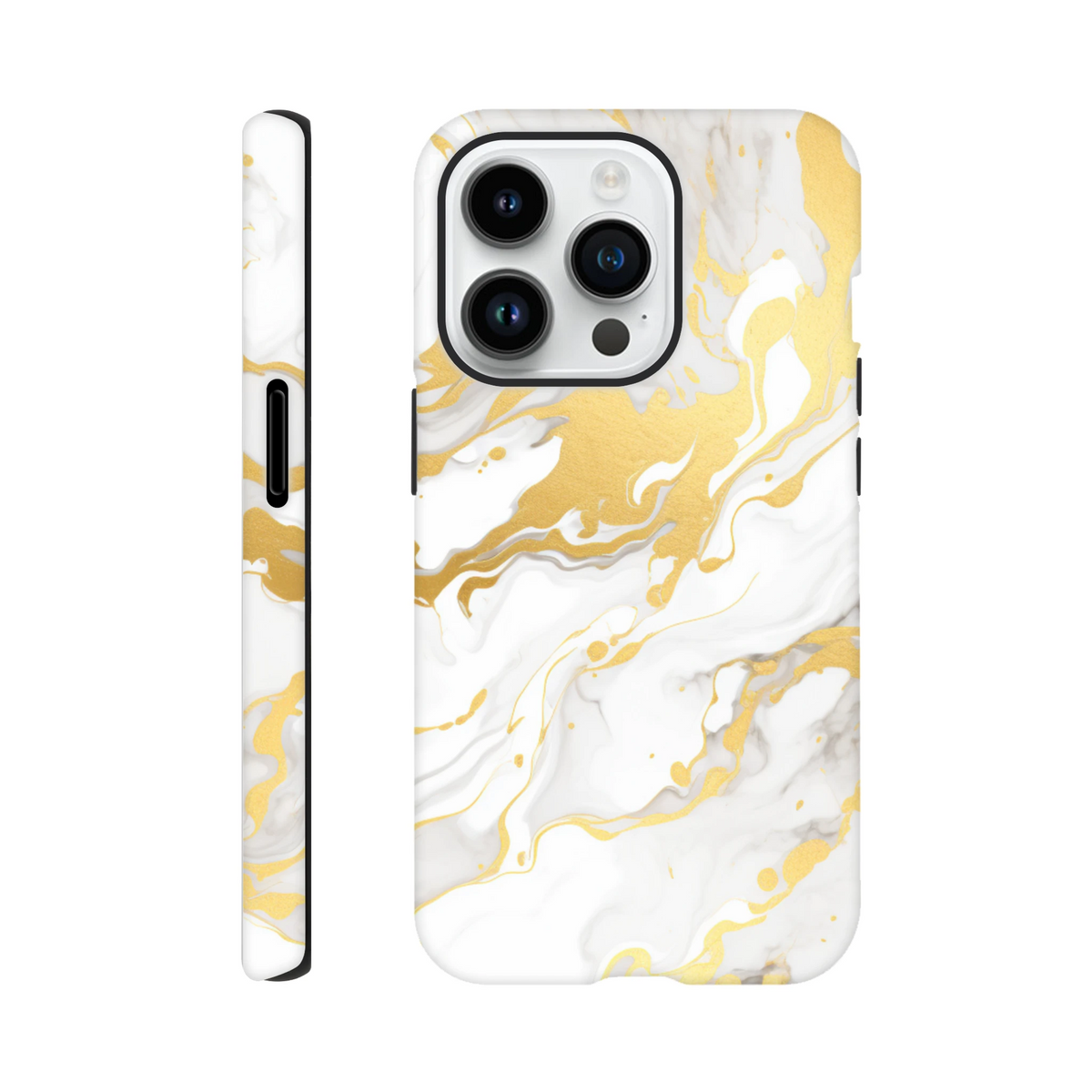 Luxury white and gold marble iPhone case featuring an abstract fluid pattern with seamless wraparound design for a premium gallery-grade finish.
