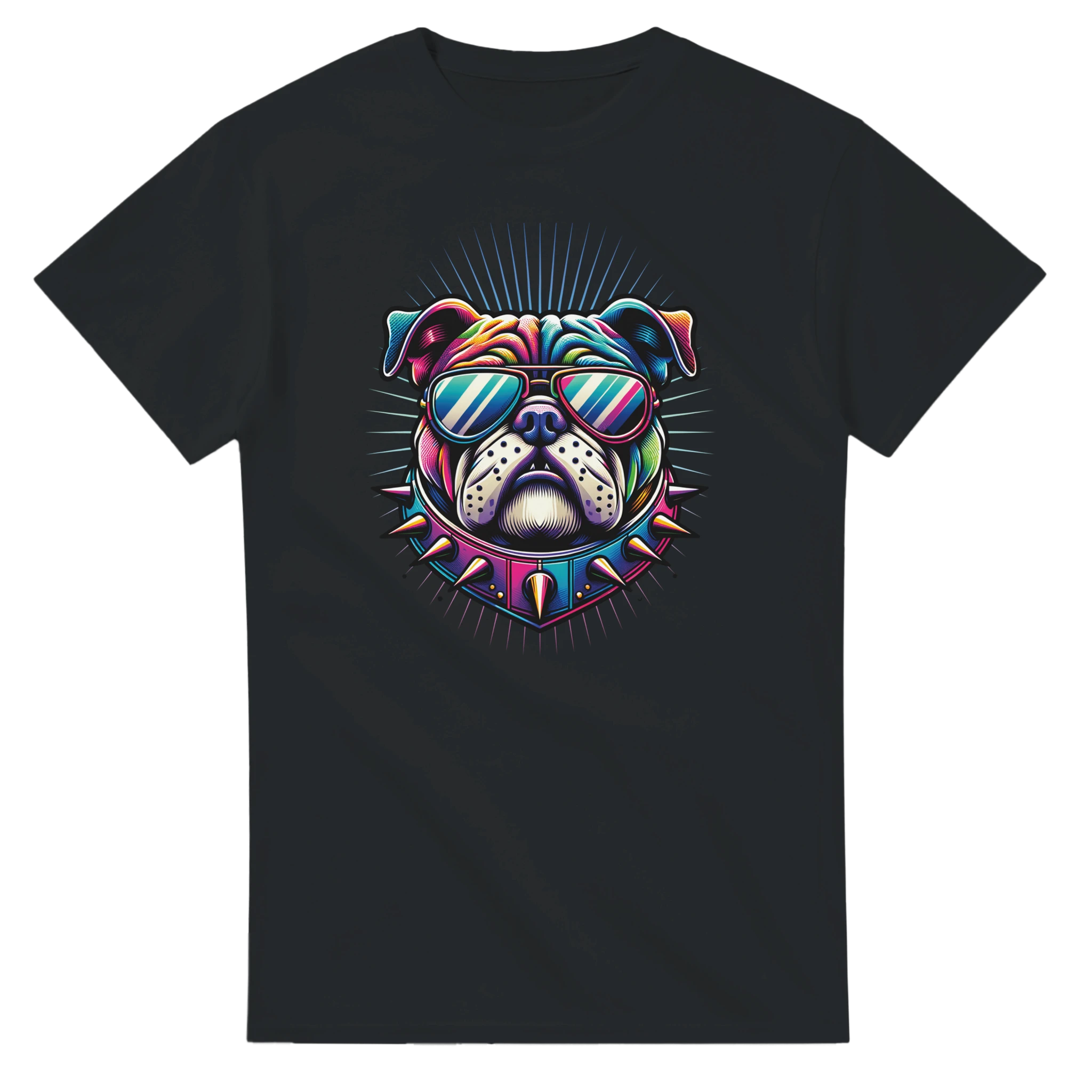 Colorful bulldog graphic on black women's T-shirt with sunglasses and a spiked collar.