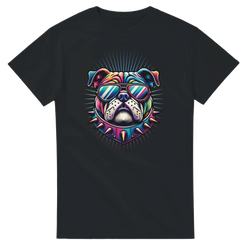 Colorful bulldog graphic on black women's T-shirt with sunglasses and a spiked collar.
