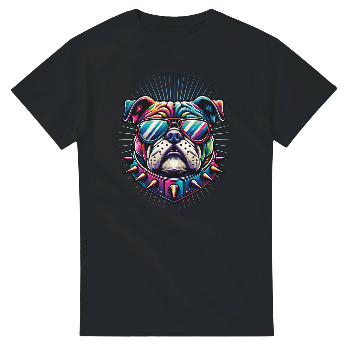 Colorful bulldog graphic on black women's T-shirt with sunglasses and a spiked collar.
