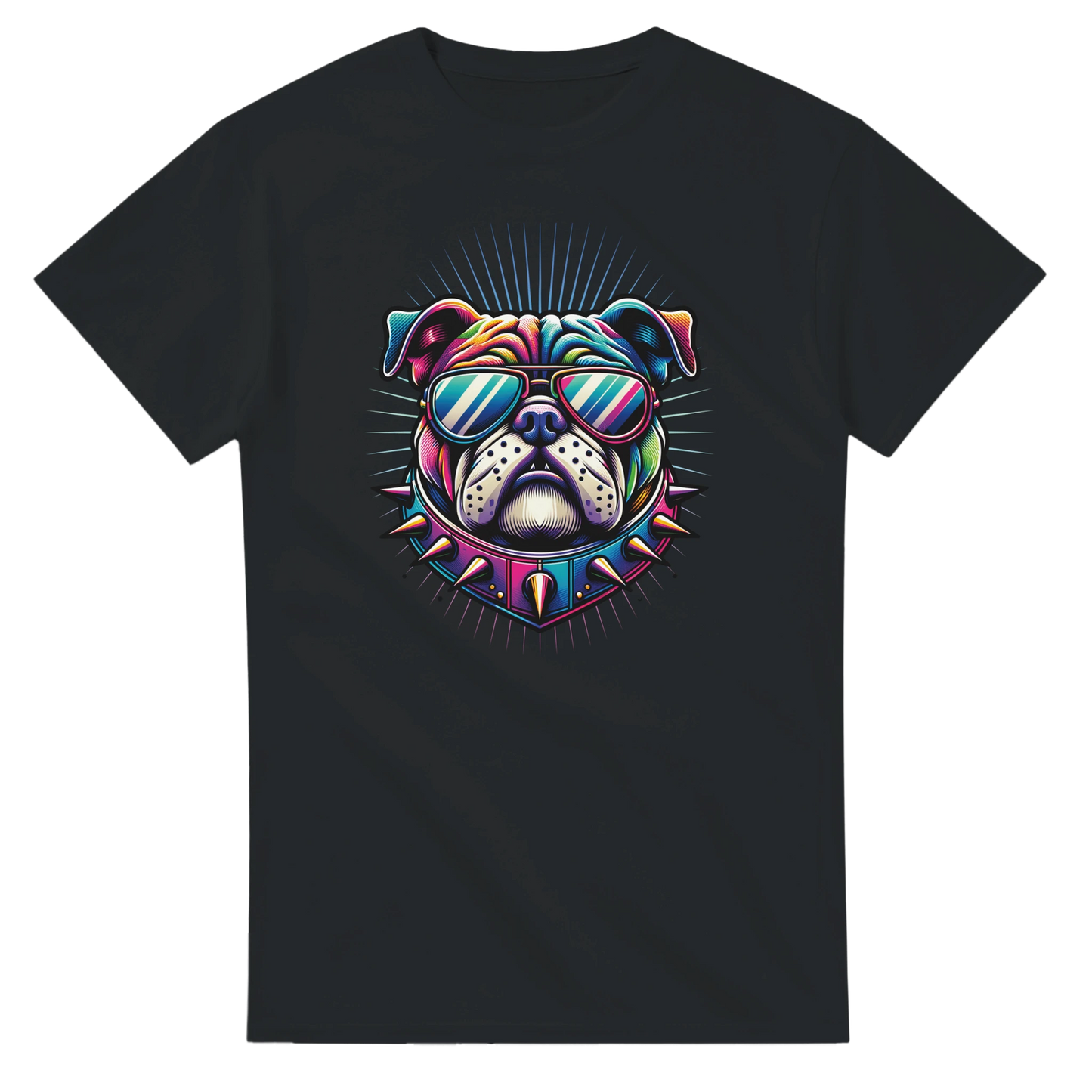 Colorful bulldog graphic on black women's T-shirt with sunglasses and a spiked collar.