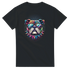 Colorful bulldog graphic on black women's T-shirt with sunglasses and a spiked collar.
