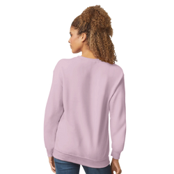 Back view of a woman wearing a lavender Believe In Yourself cozy slogan sweatshirt.