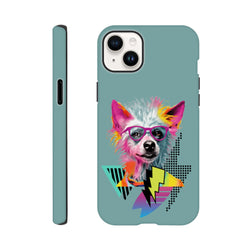 Retro pop art dog phone case featuring a colorful canine in sunglasses with geometric lightning bolts on a teal background.