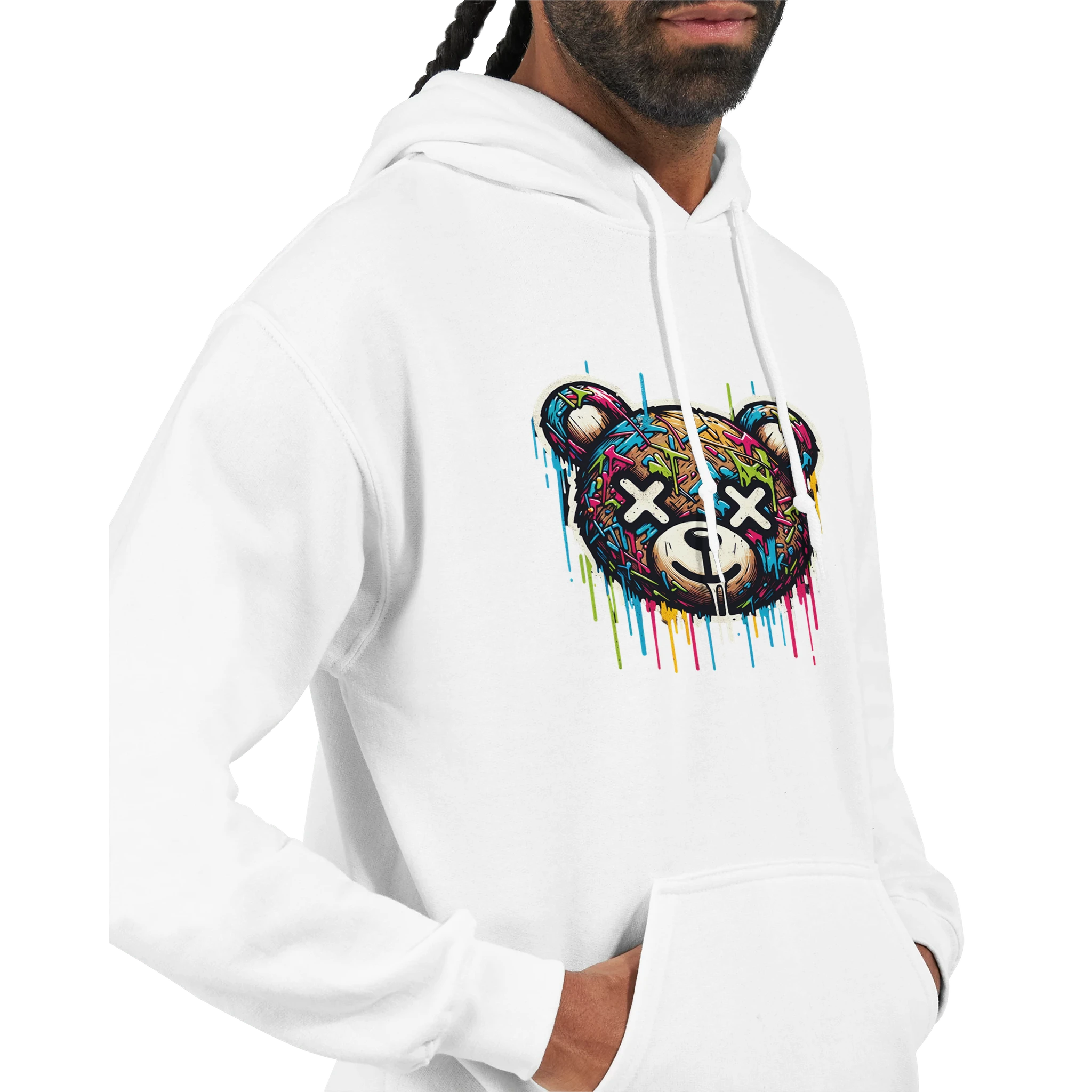 Men's teddy bear graphic hoodie in white, 50/50 cotton-poly blend, colorful bear art, sizes S to XL.