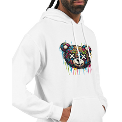 Men's teddy bear graphic hoodie in white, 50/50 cotton-poly blend, colorful bear art, sizes S to XL.