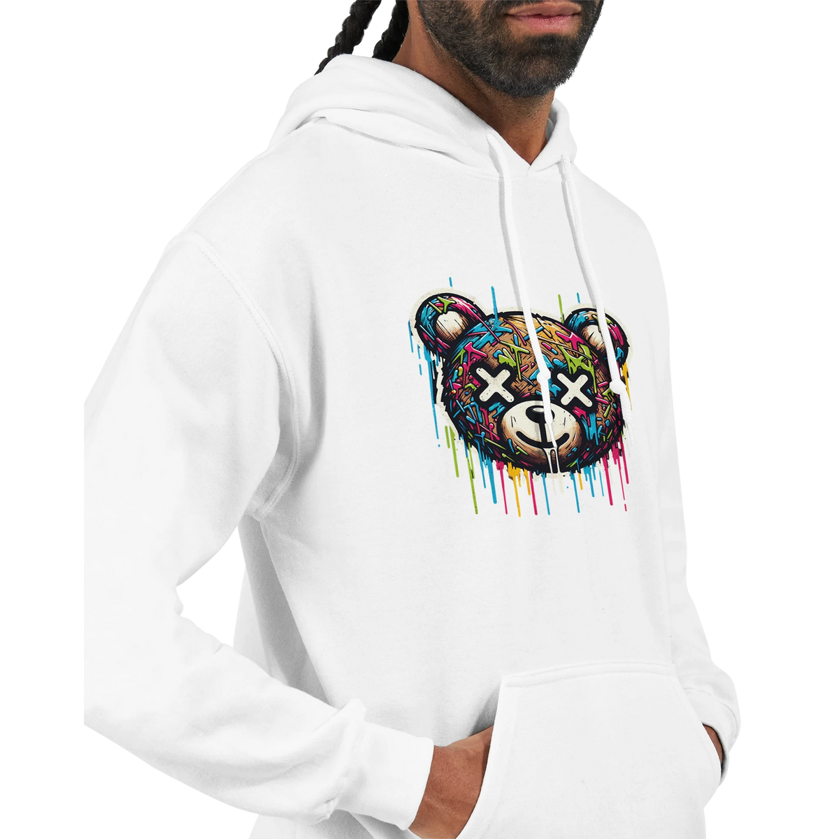 Men's teddy bear graphic hoodie in white, 50/50 cotton-poly blend, colorful bear art, sizes S to XL.