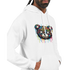 Men's teddy bear graphic hoodie in white, 50/50 cotton-poly blend, colorful bear art, sizes S to XL.