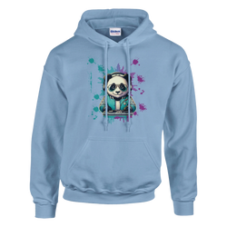 Panda DJ graphic hoodie on light blue fabric, panda with headphones at a DJ deck amid colorful splashes.