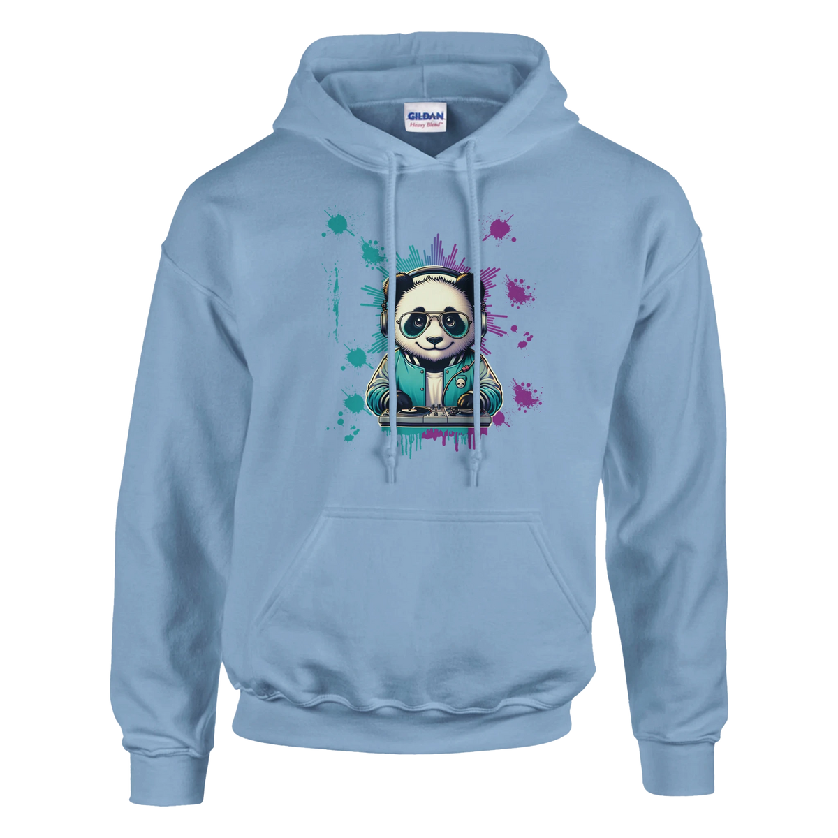 Panda DJ graphic hoodie on light blue fabric, panda with headphones at a DJ deck amid colorful splashes.
