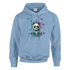 Panda DJ graphic hoodie on light blue fabric, panda with headphones at a DJ deck amid colorful splashes.