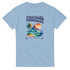 Light blue women's Tropical Paradise graphic tee with palm tree, mountains, waves and sunset.