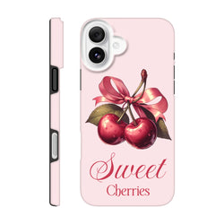 Vintage pink iPhone case featuring glossy cherries tied with a ribbon and Sweet Cherries script text.