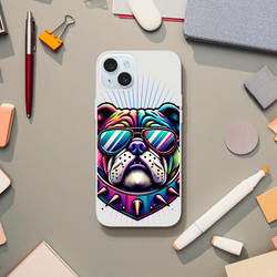 Slim transparent Bull Dog phone case featuring a colorful bulldog in sunglasses for iPhone 13–16.