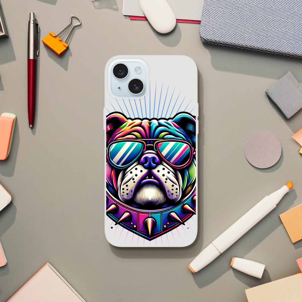 Slim transparent Bull Dog phone case featuring a colorful bulldog in sunglasses for iPhone 13–16.