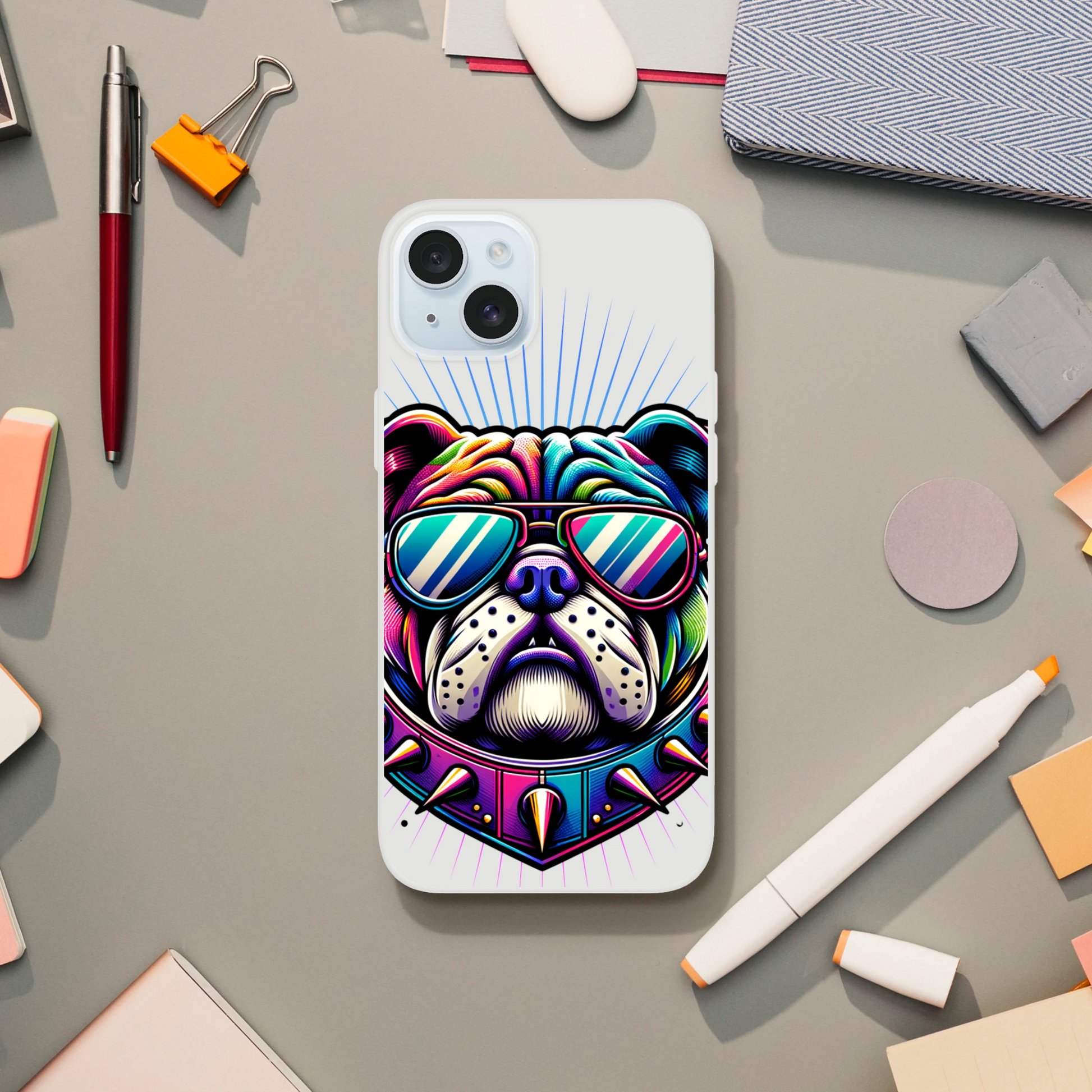 Slim transparent Bull Dog phone case featuring a colorful bulldog in sunglasses for iPhone 13–16.