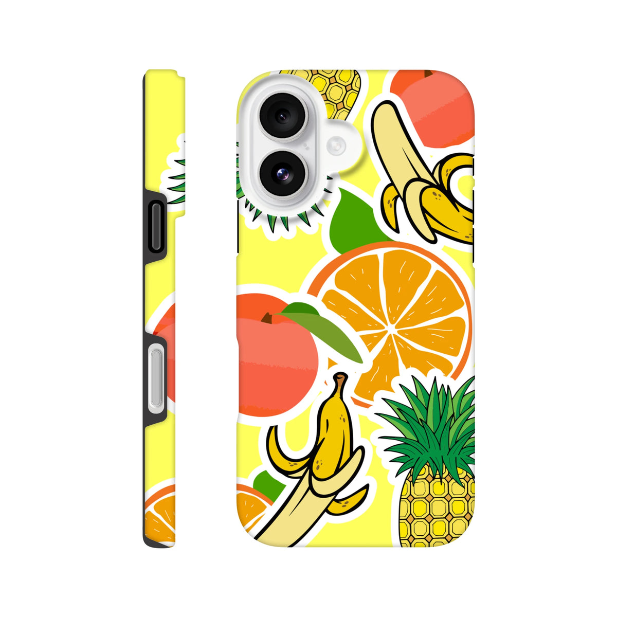 Yellow tropical fruit sticker iPhone case featuring bold orange, banana, and pineapple graphics on a bright wraparound design.