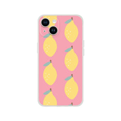 Pink lemon-pattern iPhone case for 13-16 with frosted clear texture and yellow lemons.