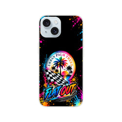 Flat Out car culture iPhone case featuring checkered flag, Urban Palm Trees sunset graphic, and colorful paint splatter design on black background.