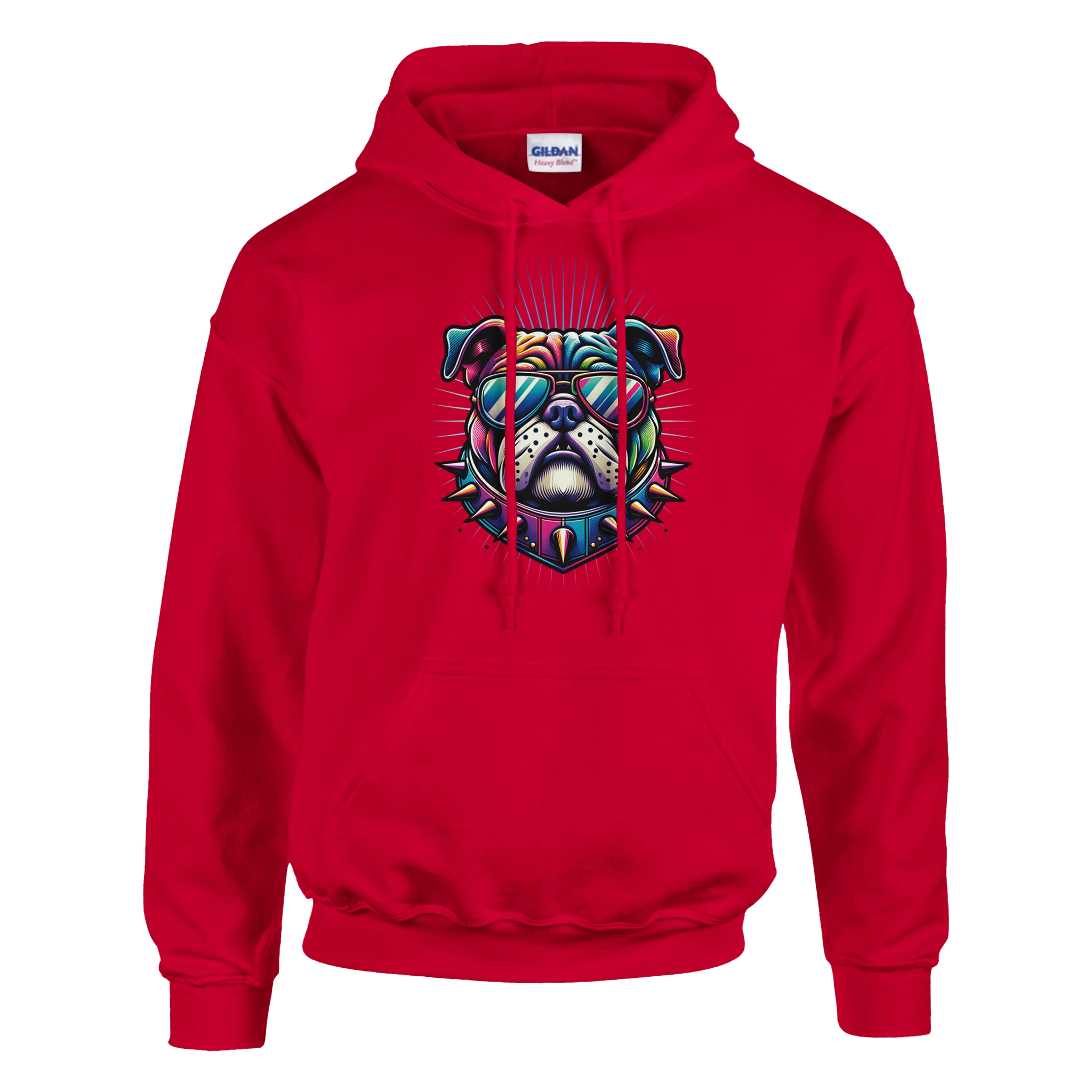 Red British Bulldog graphic hoodie with sunglasses, spiked collar, front pocket, soft 50/50 cotton-poly blend