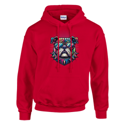 Red British Bulldog graphic hoodie with sunglasses, spiked collar, front pocket, soft 50/50 cotton-poly blend
