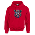 Red British Bulldog graphic hoodie with sunglasses, spiked collar, front pocket, soft 50/50 cotton-poly blend