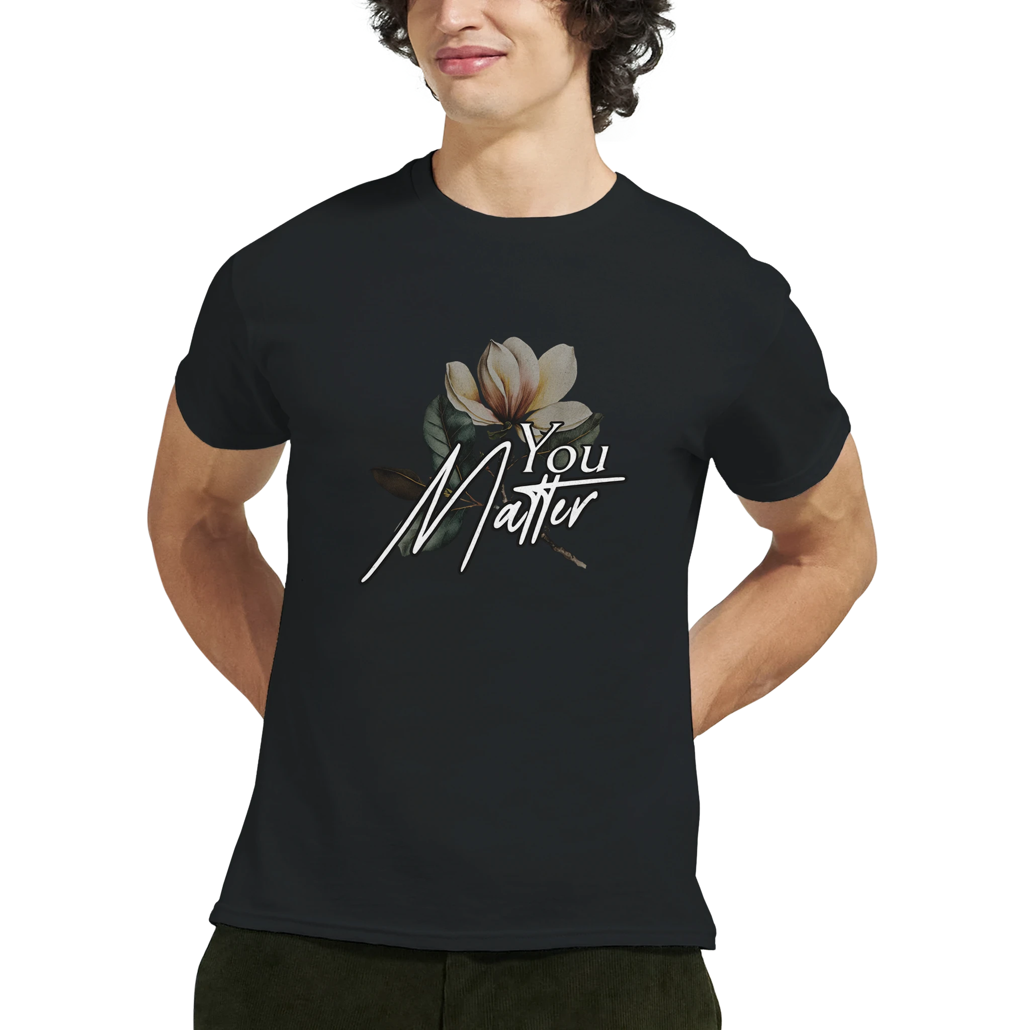 Men's black You Matter slogan T‑shirt with floral magnolia graphic on soft heavyweight cotton.