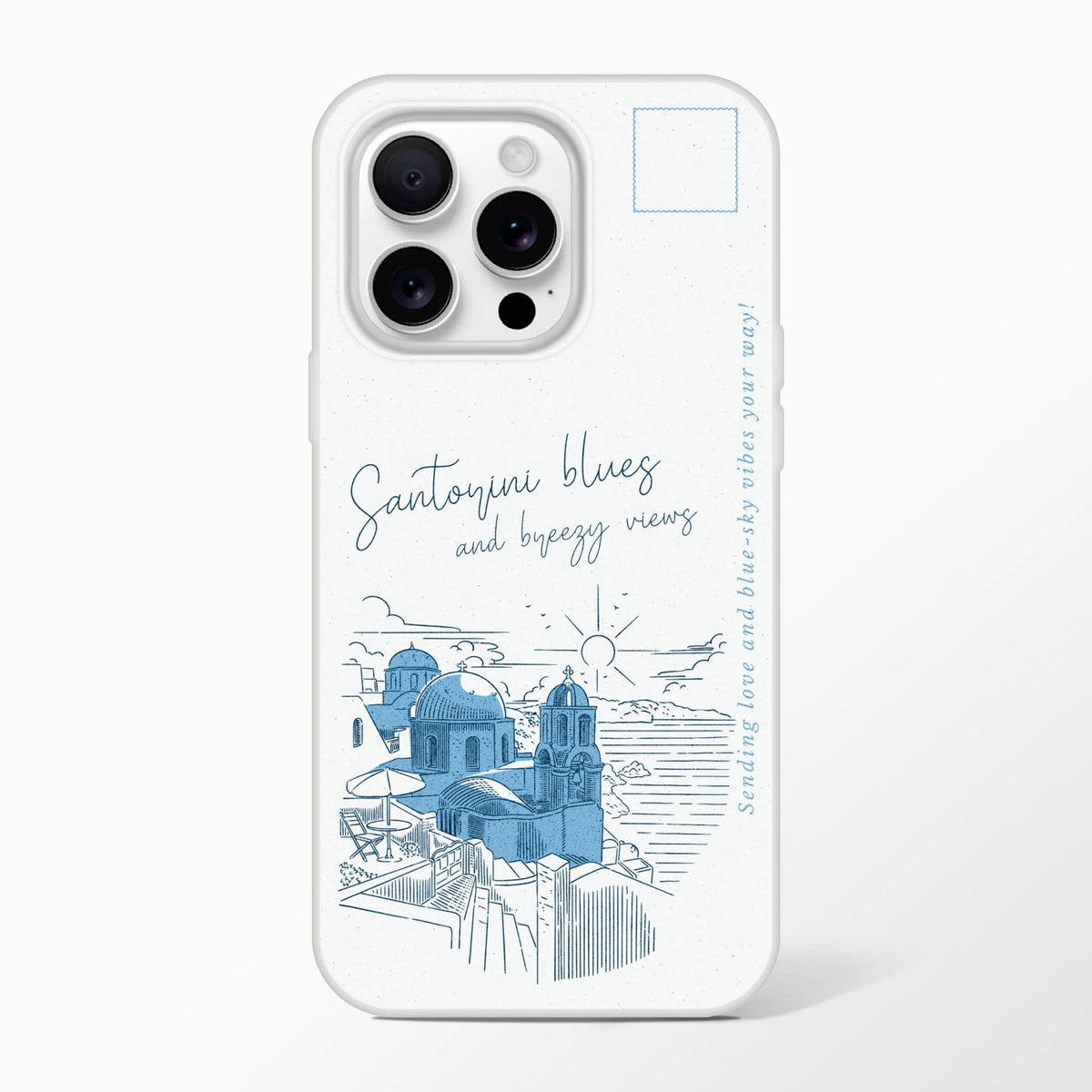 Vintage Postcard iPhone Case Santorini Holiday design with blue line art, matte finish, lightweight protection.