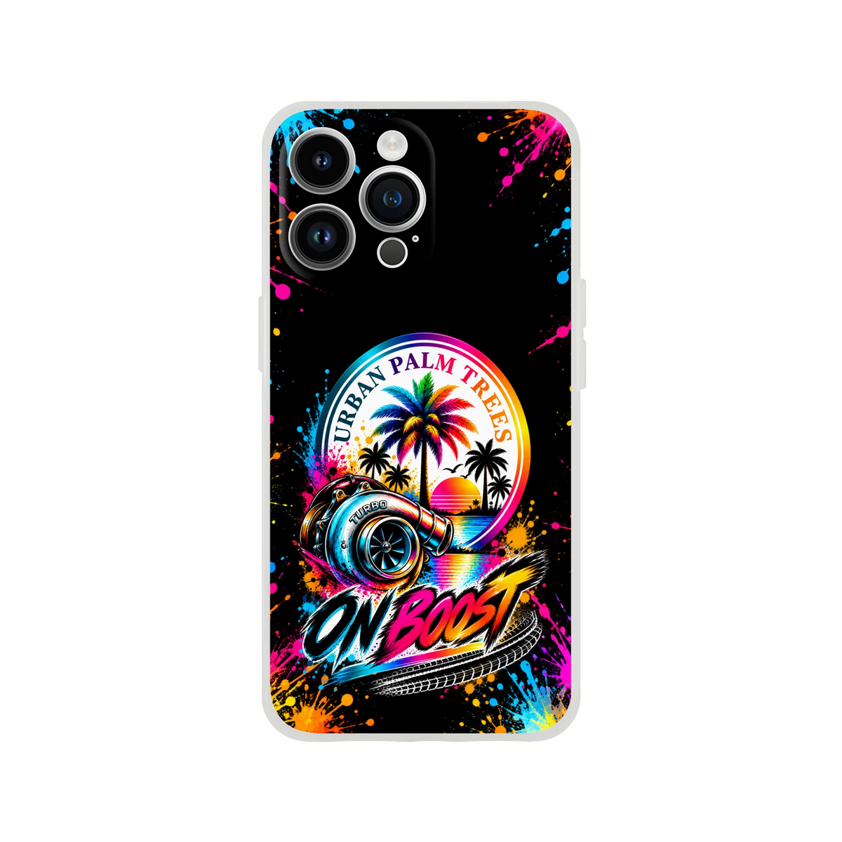 On Boost Petrolhead iPhone case featuring a colorful turbocharger, palm tree sunset, and vibrant paint splatter art on a black background.