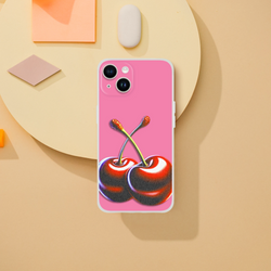 Pink Retro Cherries iPhone case for 13-16 with Y2K aesthetic, slim matte TPU protection