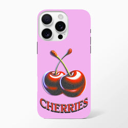 Retro pink iPhone case featuring glossy red cherries and CHERRIES text in a cute Y2K style for durable everyday protection.