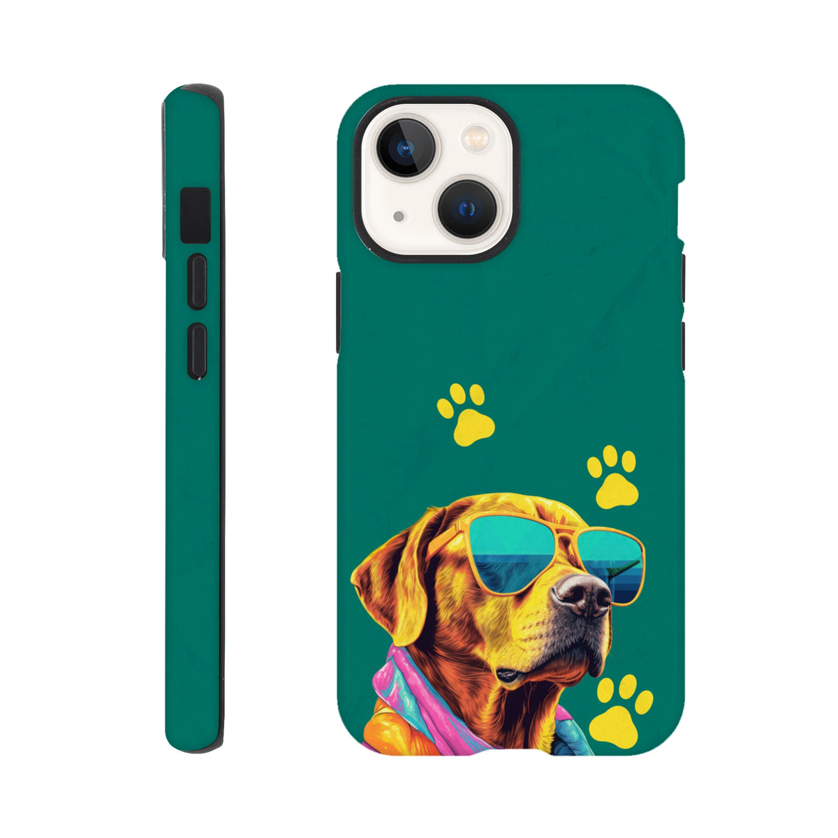 Teal tough iPhone case featuring a cool dog wearing sunglasses and a scarf, accented with yellow paw prints.