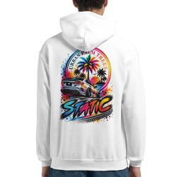 White men's hoodie featuring colorful back graphic of a lowered car, palm trees, and "Static" text in petrolhead streetwear style.