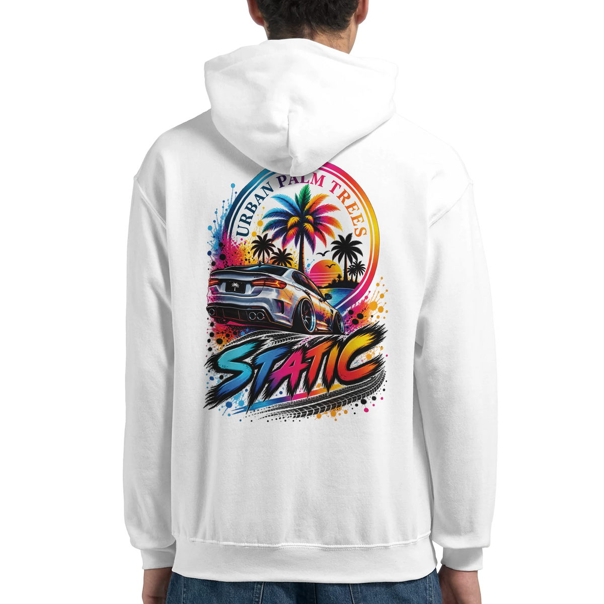 White men's hoodie featuring colorful back graphic of a lowered car, palm trees, and "Static" text in petrolhead streetwear style.