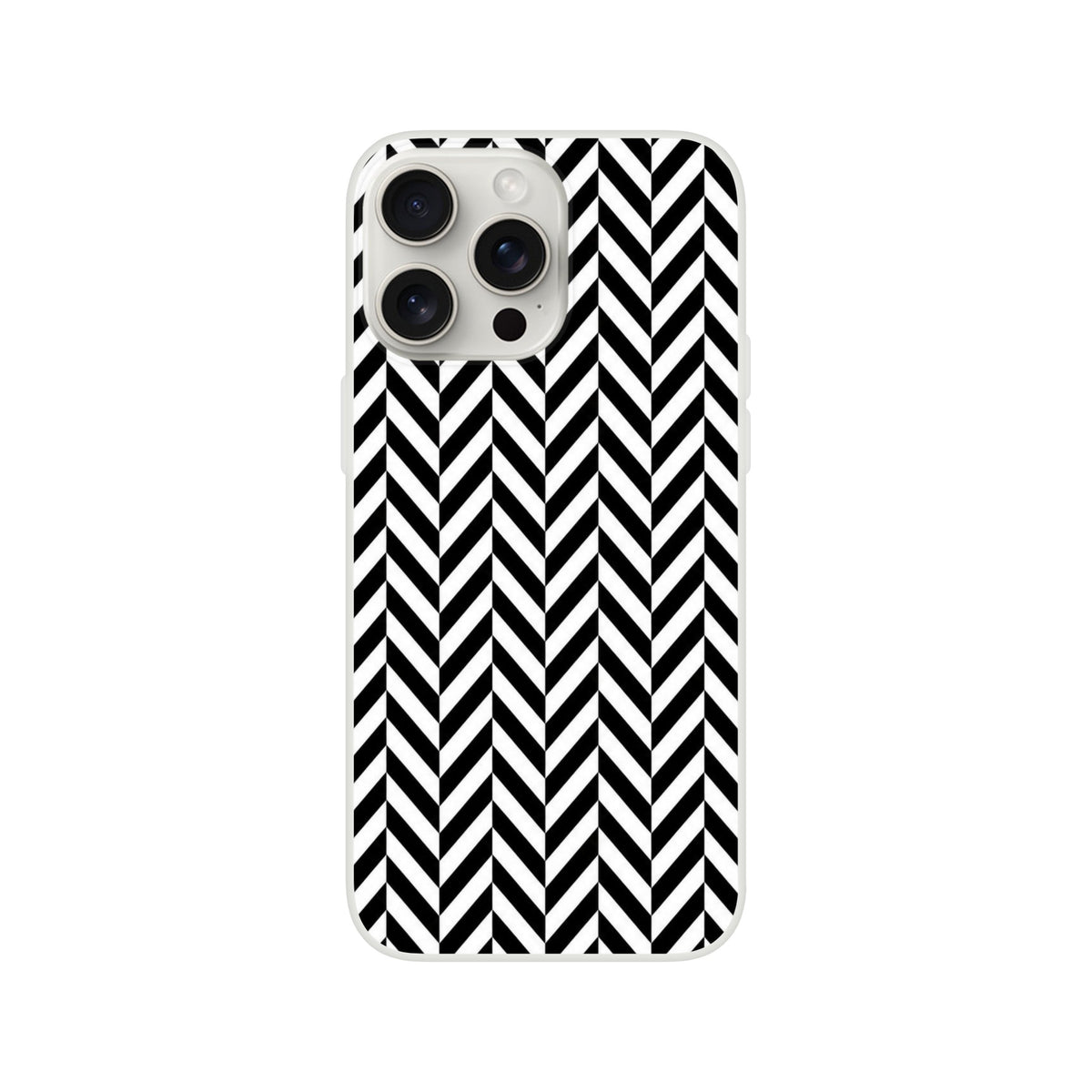 Black and white geometric herringbone iPhone case featuring a bold chevron pattern and protective TPU design for daily impact resistance.