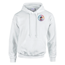 White hoodie featuring a colorful circular Urban Palm Trees tropical retro graphic on the chest, complete with drawstrings and a front pocket.
