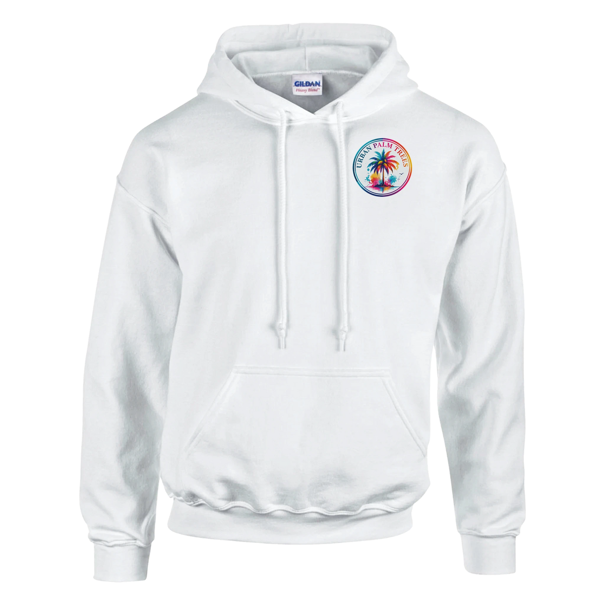 White hoodie featuring a colorful circular Urban Palm Trees tropical retro graphic on the chest, complete with drawstrings and a front pocket.