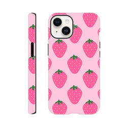 Pink strawberry pattern tough iPhone case with cute fruit design and high-gloss wraparound printing for reliable defense.