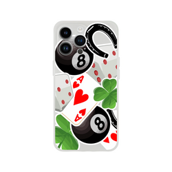 Transparent iPhone case featuring 8-ball, Ace of Hearts, four-leaf clover, horseshoe, and dice lucky charm design.