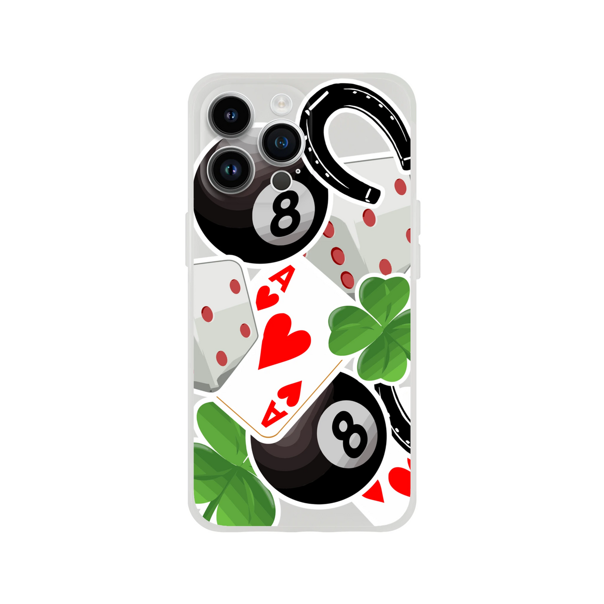 Transparent iPhone case featuring 8-ball, Ace of Hearts, four-leaf clover, horseshoe, and dice lucky charm design.