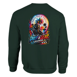 Dark green Drop A Gear petrolhead sweatshirt featuring a manual shifter, palm tree sunset graphic, and checkered flag art on the back.