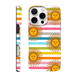 Retro sun stripe iPhone case featuring celestial golden suns with faces on colorful horizontal stripes for durable daily protection.