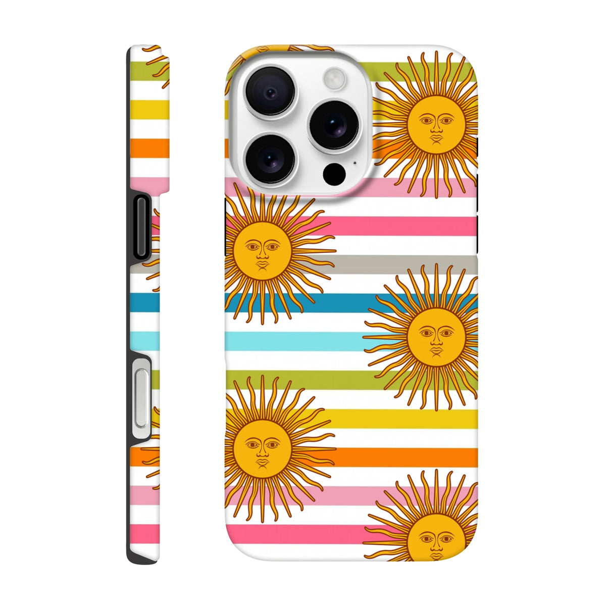 Retro sun stripe iPhone case featuring celestial golden suns with faces on colorful horizontal stripes for durable daily protection.
