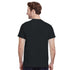 Back view of a man wearing a black cotton-blend short-sleeve T-shirt.