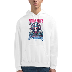 White 50/50 cotton-poly hoodie with a colorful monkey DJ graphic wearing headphones and 'Evolution' text.
