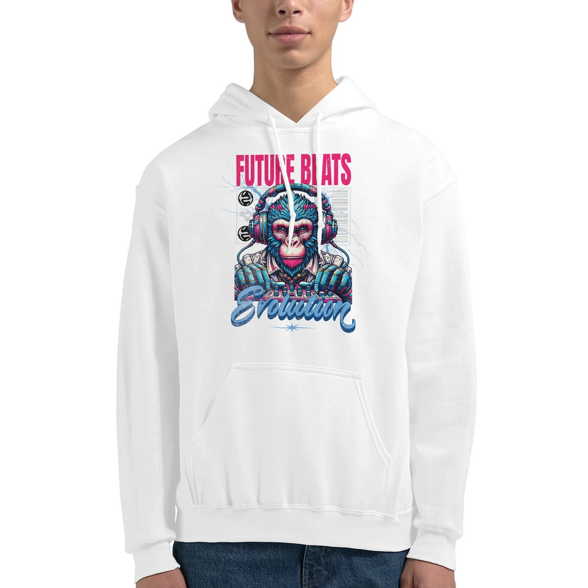 White 50/50 cotton-poly hoodie with a colorful monkey DJ graphic wearing headphones and 'Evolution' text.
