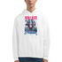 White 50/50 cotton-poly hoodie with a colorful monkey DJ graphic wearing headphones and 'Evolution' text.