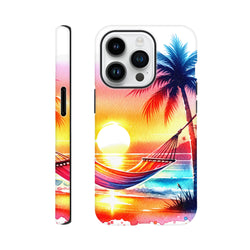 Vibrant tropical sunset phone case featuring a palm tree and hammock over the ocean, designed as a tough protective cover for iPhone models.