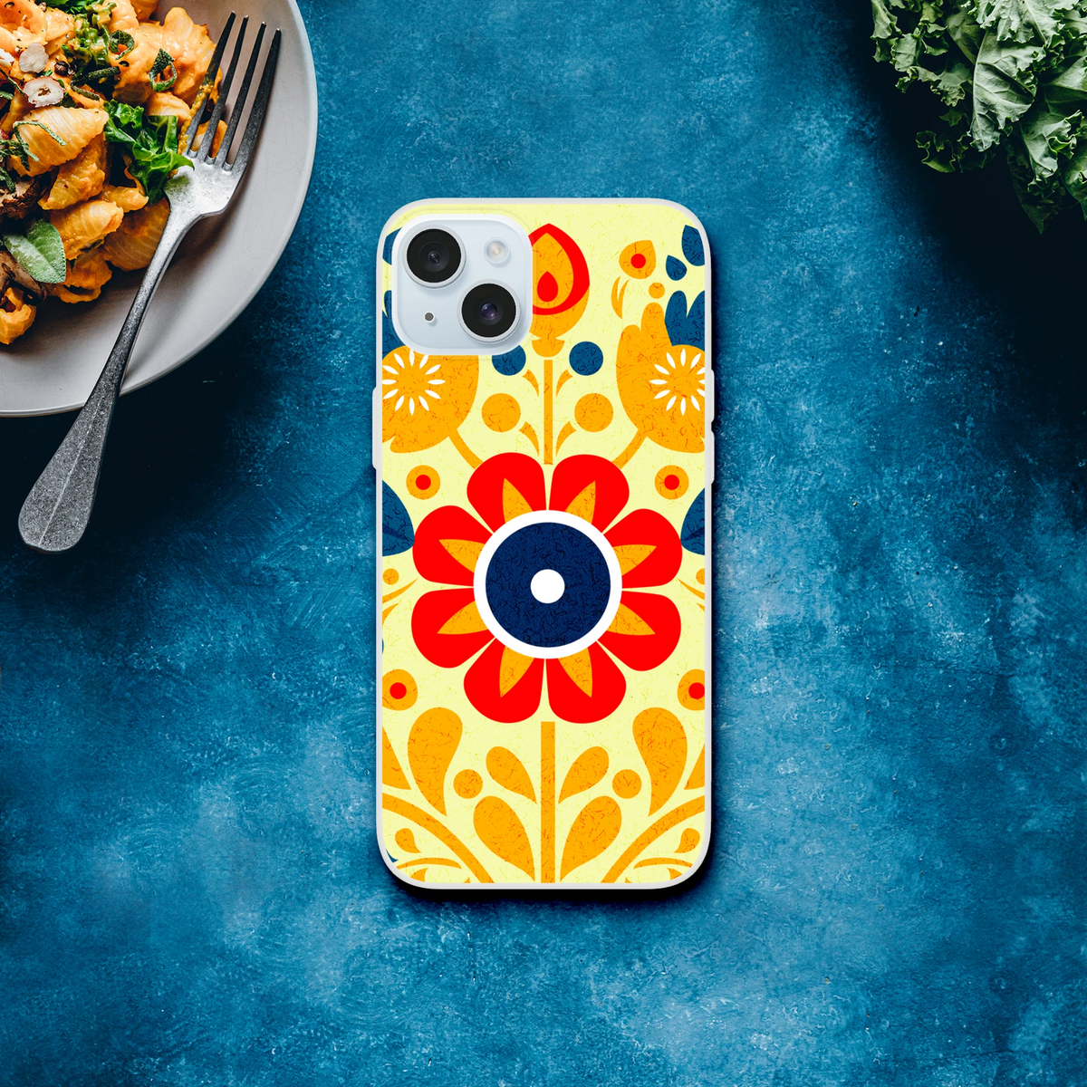 Vintage Floral iPhone Case (13-16) with bold retro botanical pattern on yellow background.