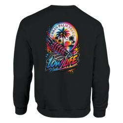 Back of black Low Life sweatshirt featuring colorful graphic of coilover, palm trees, sunset, and stylized "LOW LIFE" text.